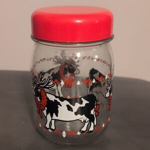 Festive Cow Decorated Glass Jar with Red Lid